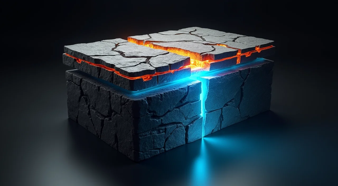 An architectural cross-section of geological layers demonstrating the alignment of legacy proprietary logic with a target database environment, symbolizing semantic compatibility i