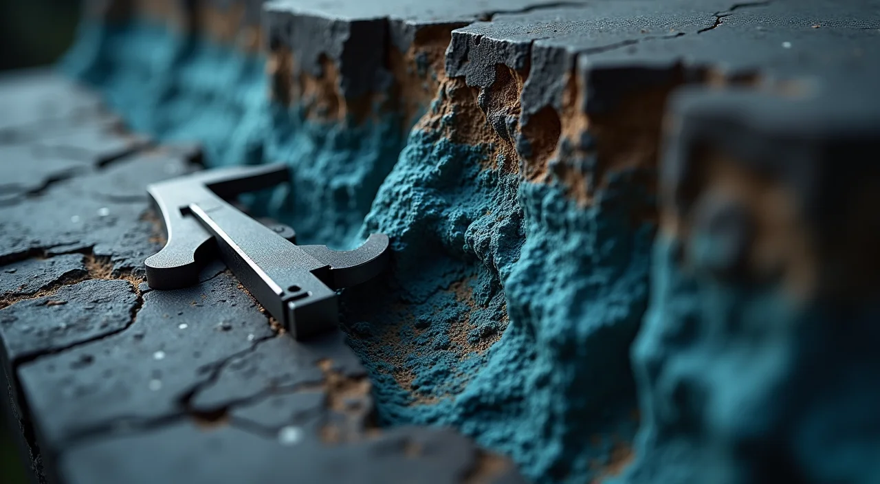 A precision steel caliper measuring a cross-section of layered geological rock to symbolize the technical audit required for enterprise database migration compatibility.