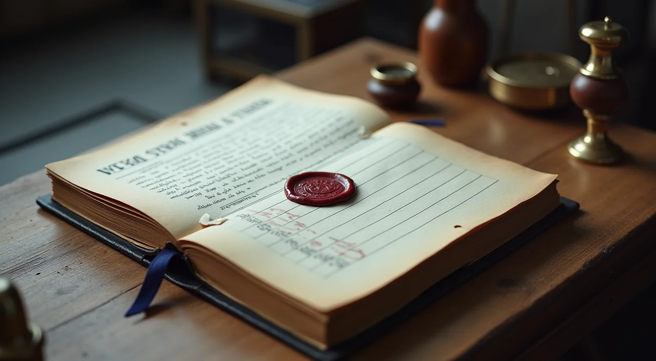 Close-up of a formal ledger book with a brass stamp on a linen surface