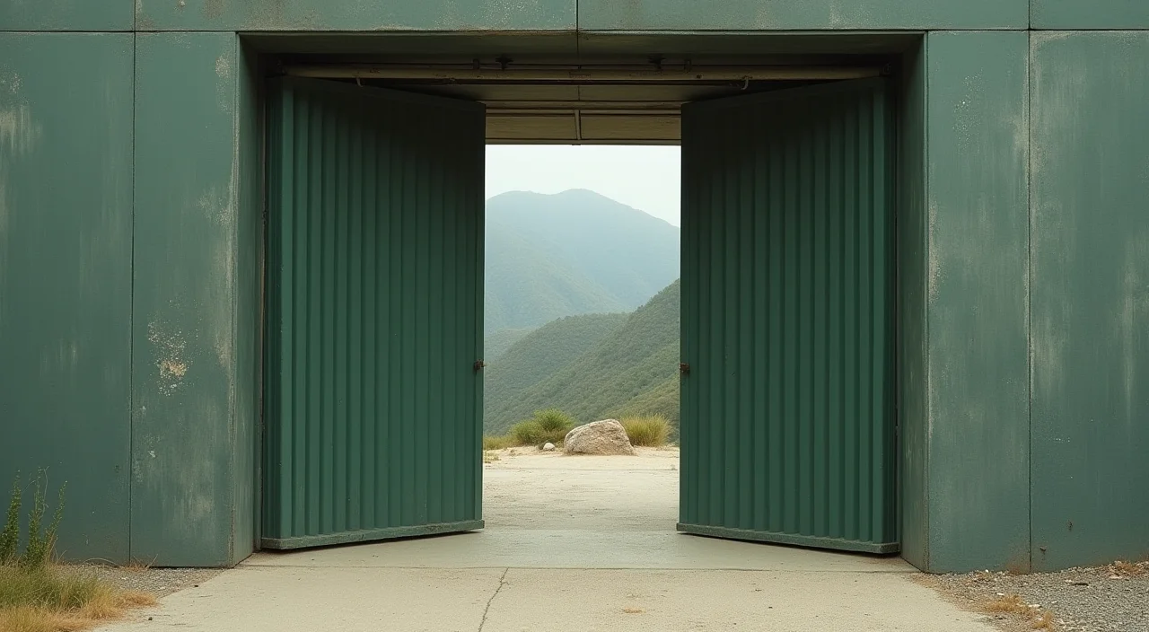 Half-open industrial shutter representing migration rollback risk, shot with shallow depth of field
