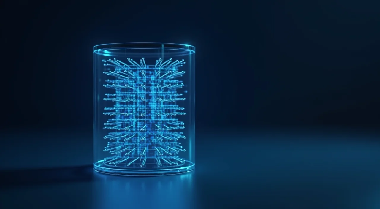 Abstract 3D illustration of a unified enterprise database architecture with glowing vector embeddings and data blocks in dark blue and cyan.