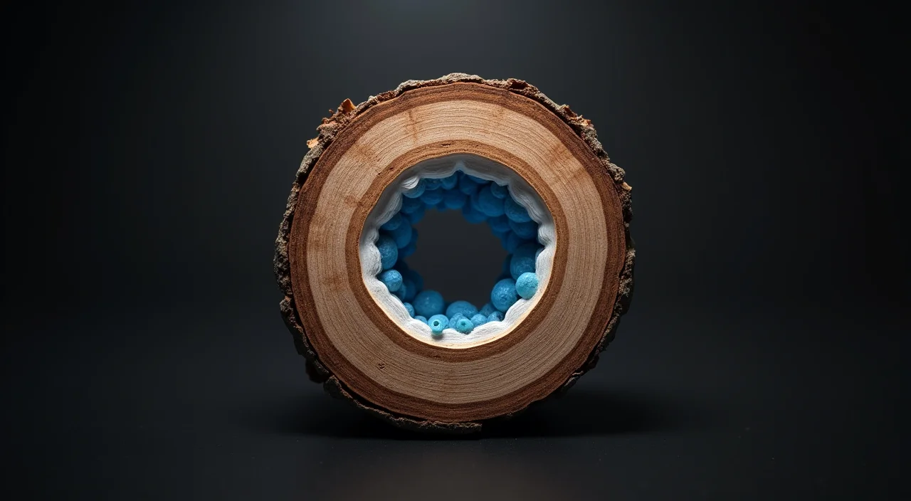 Cross-section of walnut wood showing growth rings alongside brass and matte acrylic elements, symbolizing long-term value and structural integrity in a commercial database evaluati