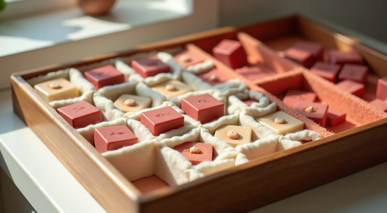 A wooden sorting tray with compartments containing distinct material samples, illustrating a structured vendor selection process