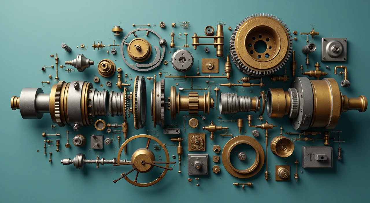 Exploded view of precision mechanical components suspended above a linen surface, illustrating architectural layer separation