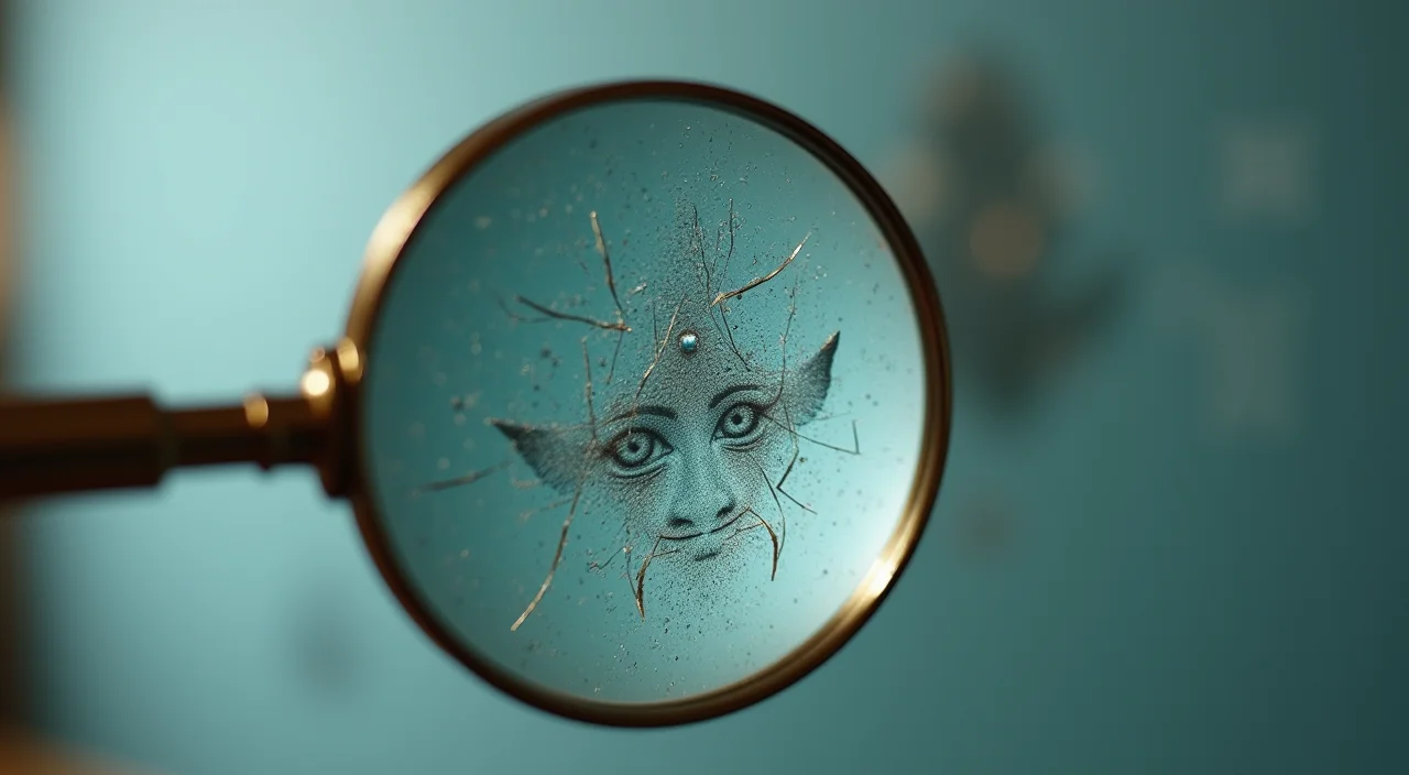 A magnifying glass examining a fine crack in a translucent acrylic sheet to symbolize the deep technical diagnosis required to detect semantic divergence in database migration.