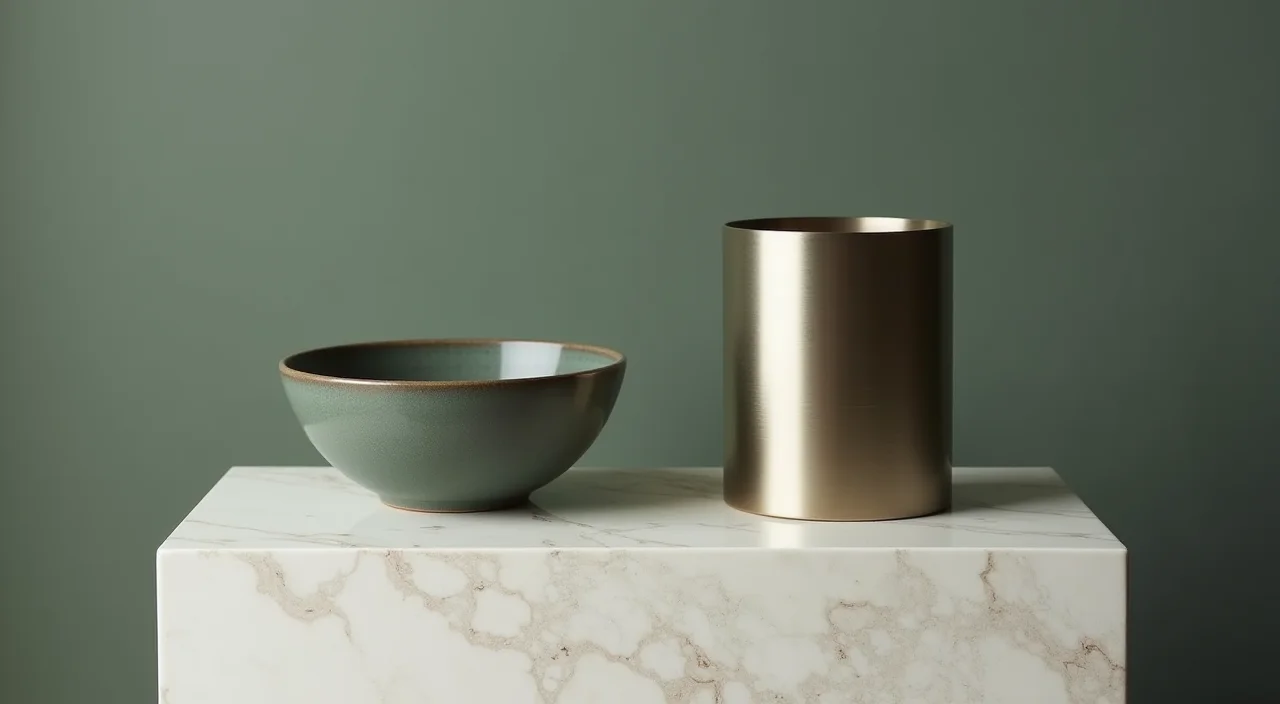 Ceramic bowl and brushed metal cylinder side by side on a marble plinth representing database architecture choices