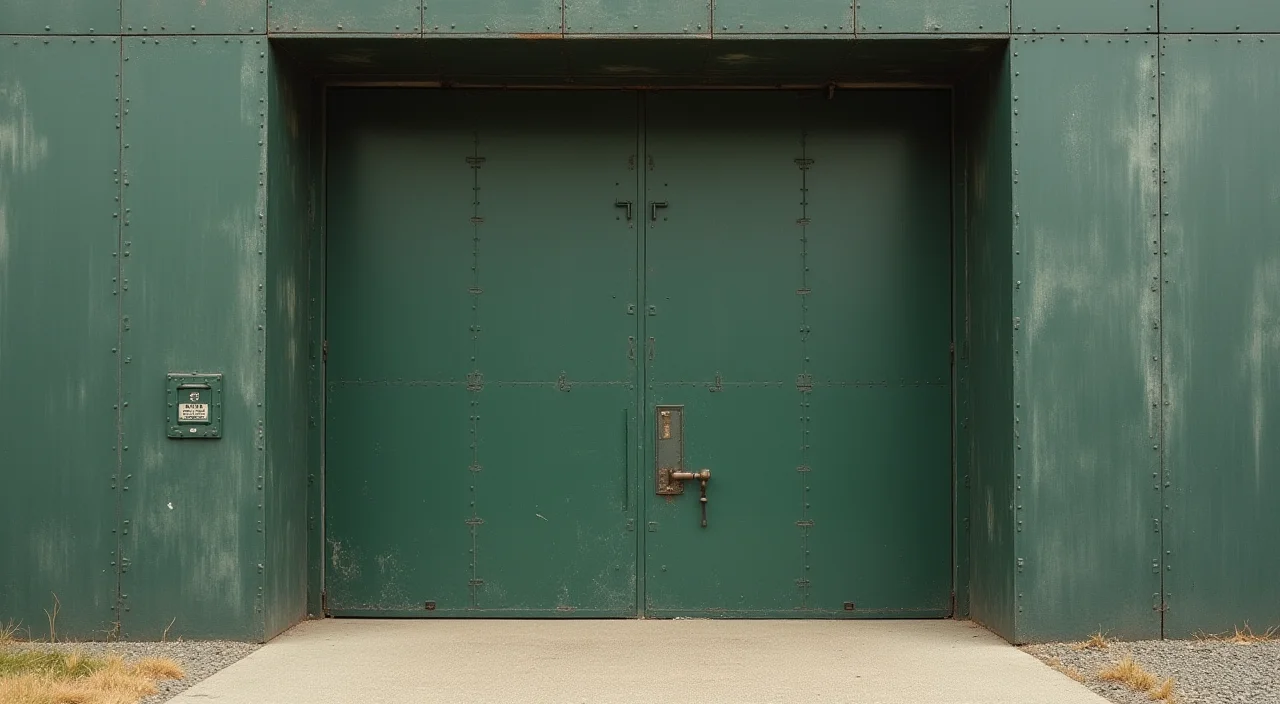 A half-open industrial shutter gate on a graphite and matte acrylic rack, symbolizing controlled migration risk and rollback capability