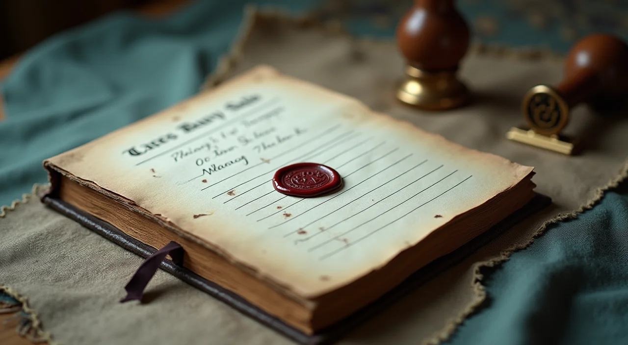 Close-up of a walnut ledger book with a brass stamp and wax seal on a linen surface, symbolizing secure data governance and evidence.