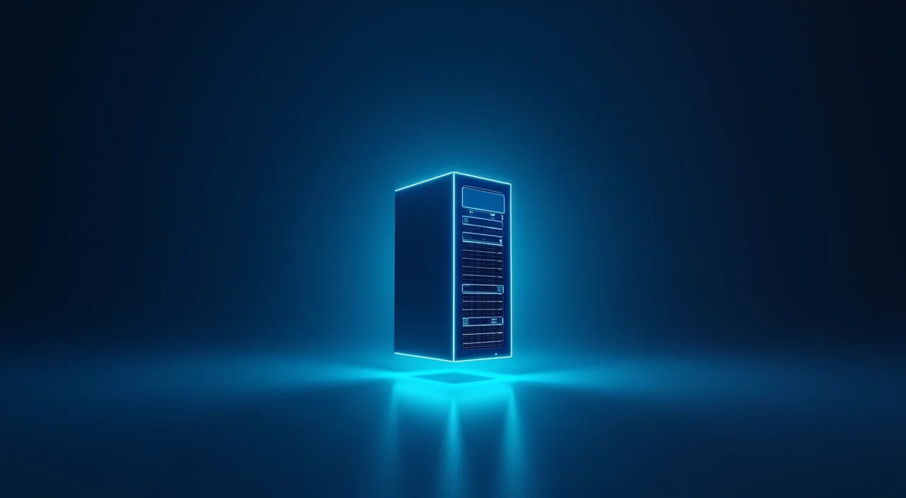Abstract representation of secure enterprise database architecture with glowing cyan server elements against a dark blue background.