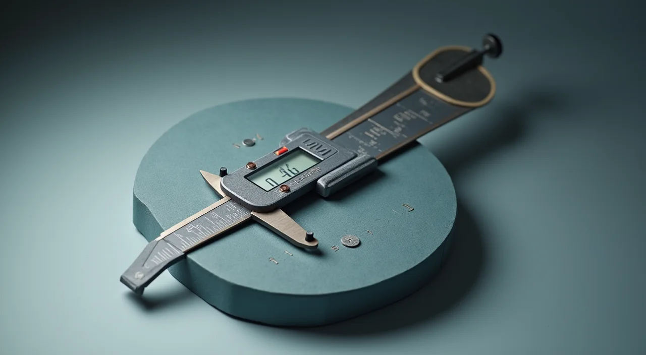 Precision caliper measuring a calibration block for database evaluation criteria