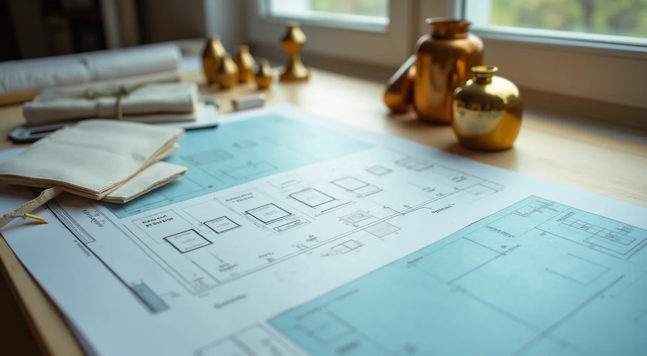 Architectural blueprint with translucent overlays and brass weights on a linen surface