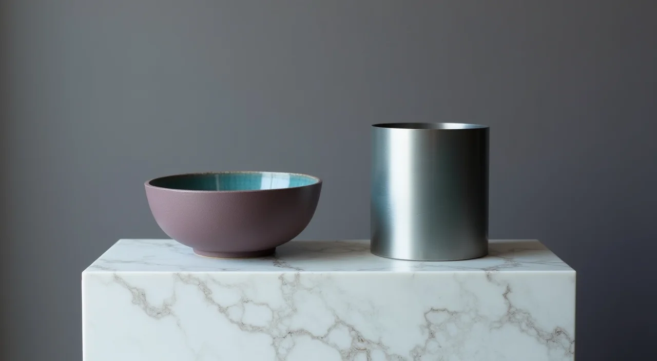 Comparison of ceramic bowl and brushed metal cylinder on marble plinth representing Oracle and KingbaseES compatibility assessment