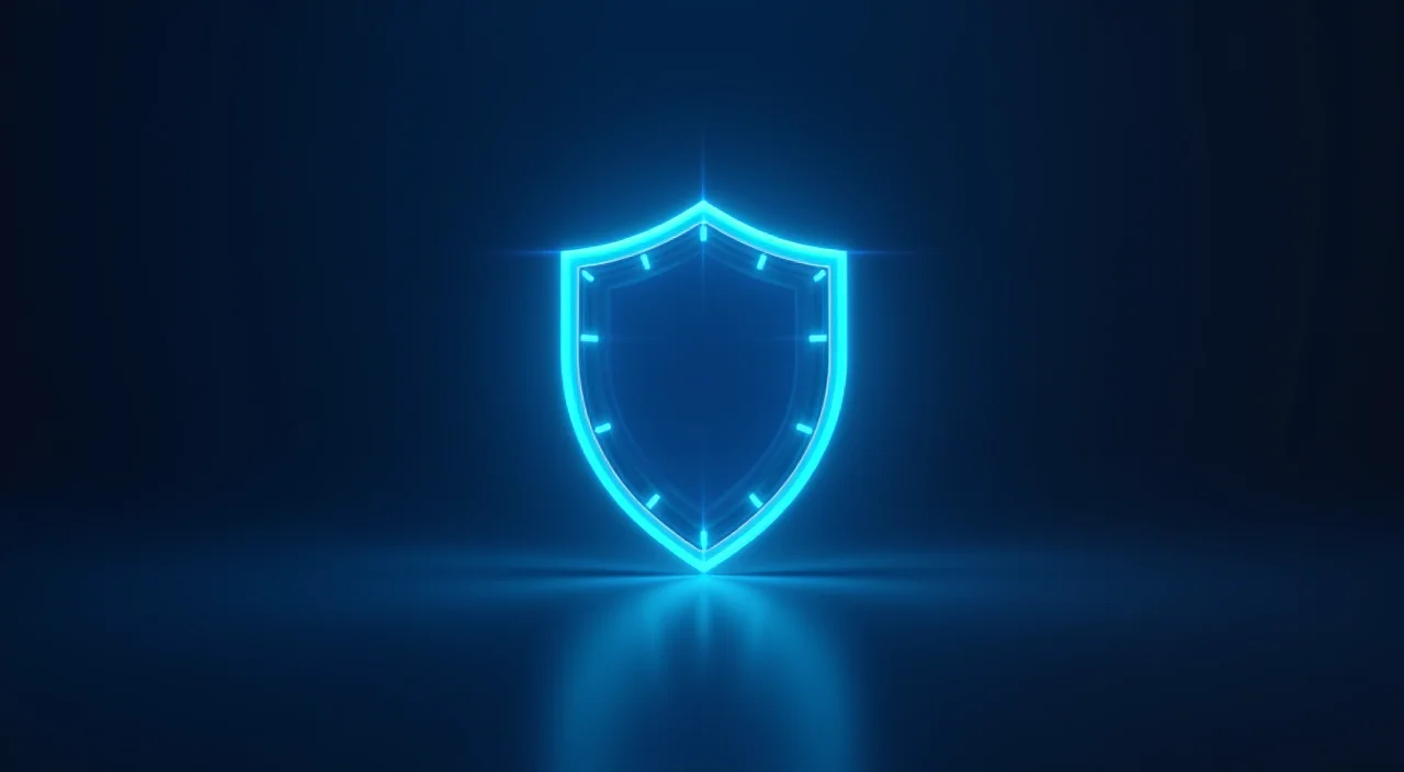 A glowing cyan digital shield icon symbolizing data sovereignty on a dark blue background, representing secure database migration services.