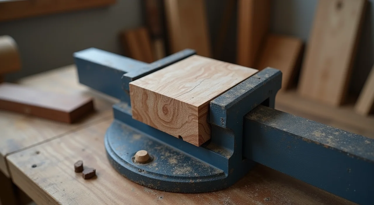 A bench vise holding a small unfinished wooden block on a workspace surface, representing the precision and careful preparation required for database migration.