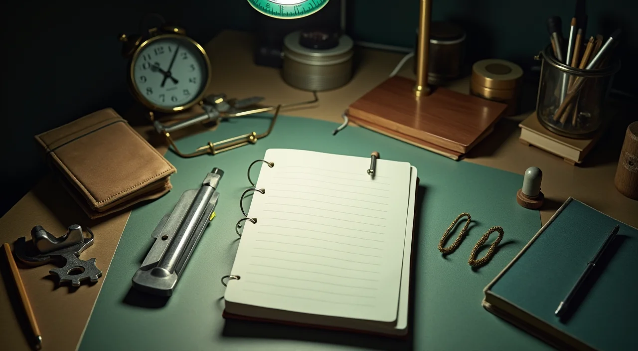 A minimalist workspace setup featuring precision tools and notebooks on a wooden surface, symbolizing structured planning for database modernization.