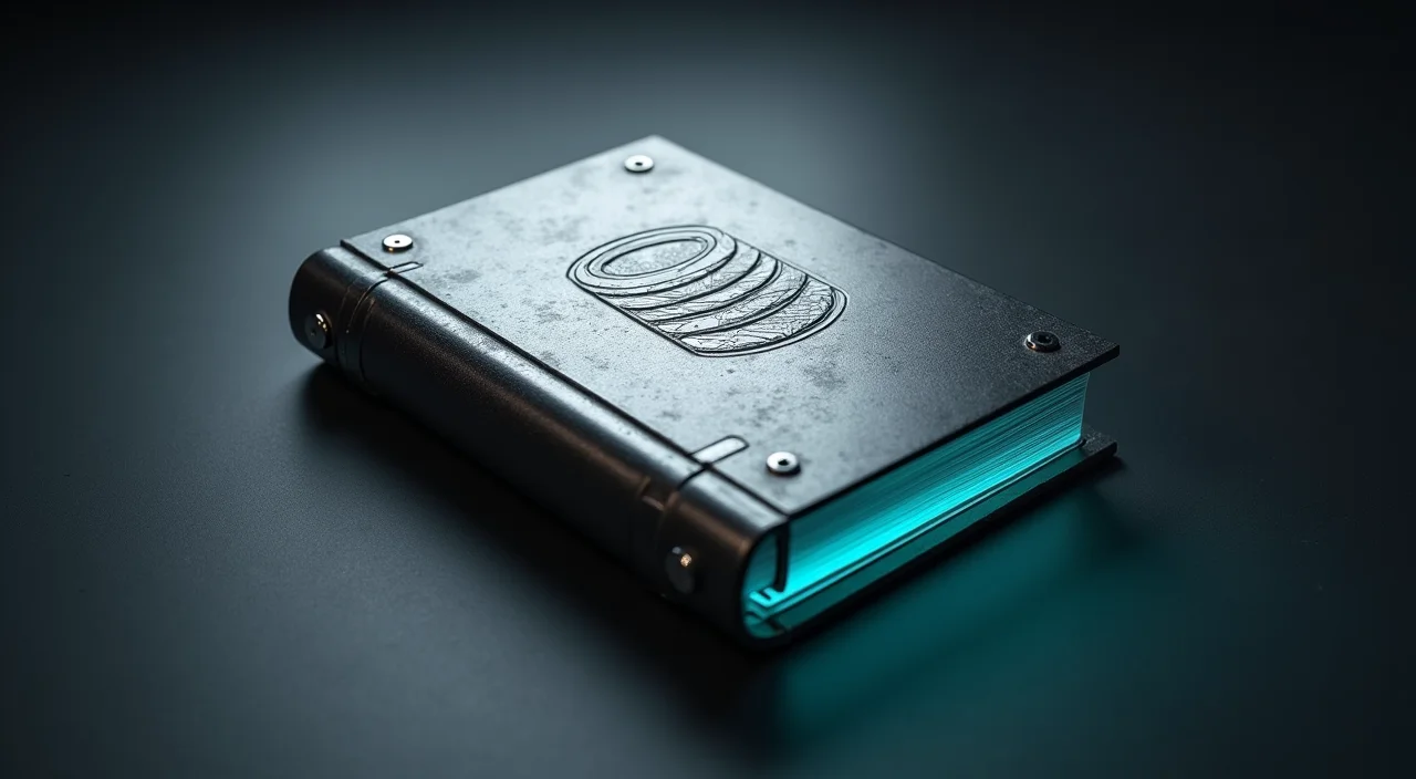 A steel ledger book with an embossed database architecture blueprint, symbolizing the rigorous verification required for Oracle database migration.
