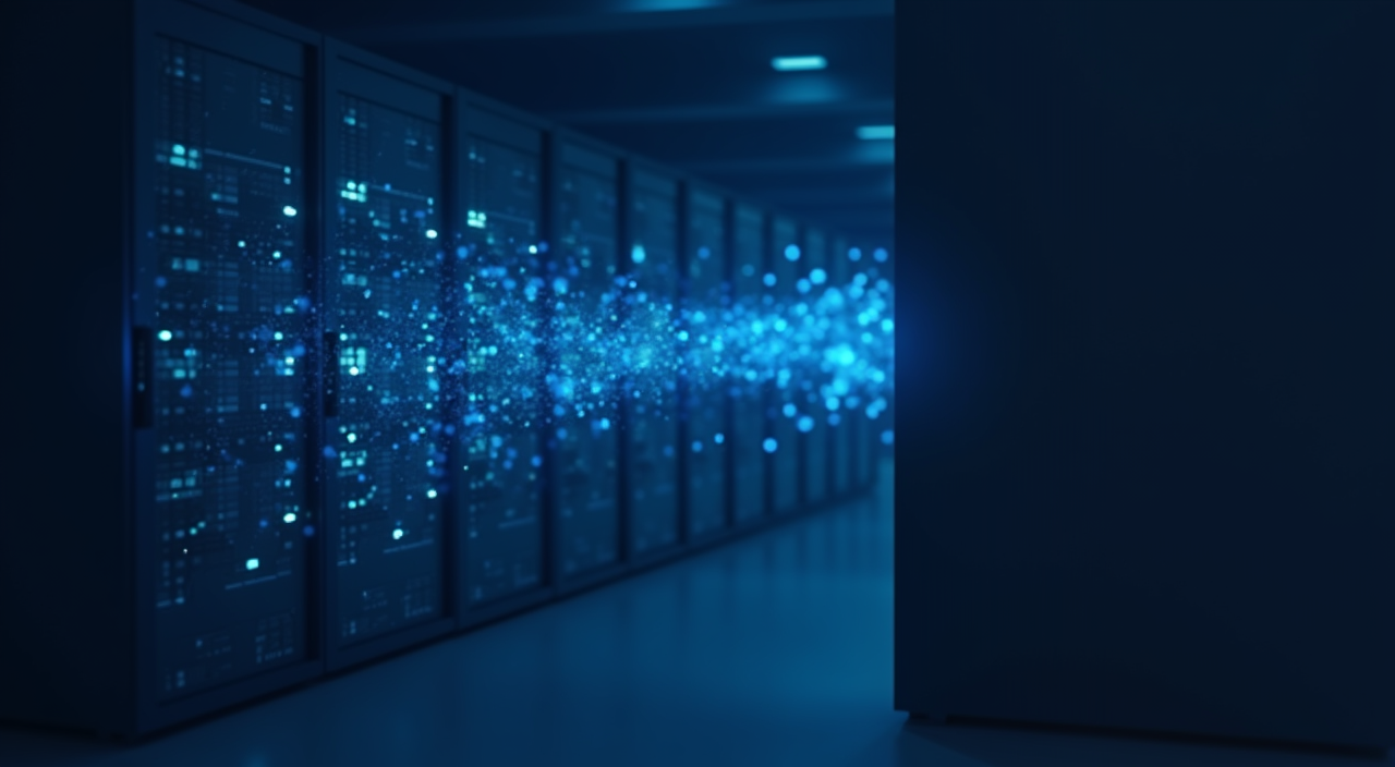A minimalist illustration of a glowing neural network node emerging from a dark blue server rack, symbolizing SQL database performance for AI workloads.