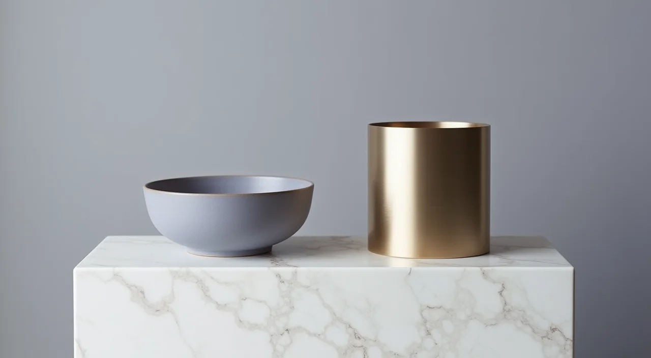 Ceramic bowl and brushed metal cylinder displayed side by side on a marble plinth, representing the comparison between secure transactional systems and AI vector layers