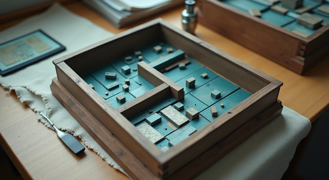 Selection guide metaphor showing sorted sample blocks in a compartmentalized tray, representing the evaluation of database components for AI architecture.