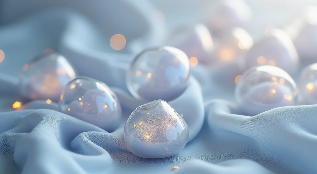 Nested transparent glass shells revealing a solid ceramic core on a linen surface