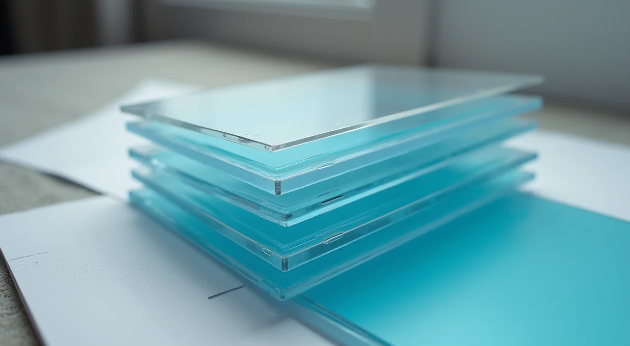 Stacked transparent acetate sheets on a linen surface representing layered data architecture