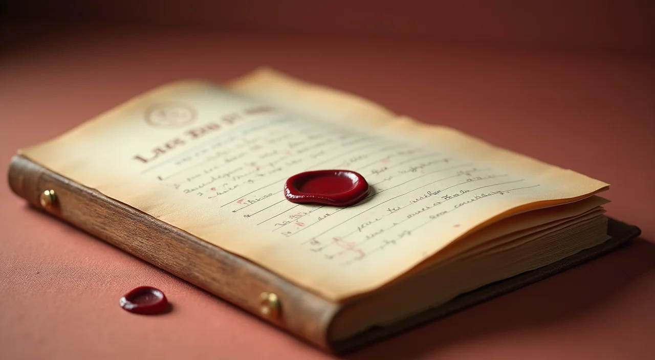 A wax-sealed ledger book resting on a linen surface beside a brass stamp, symbolizing verified enterprise value and governance.