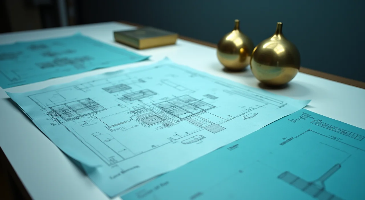 Blueprint table with blank translucent sheets and brass paperweights illustrating structured data architecture