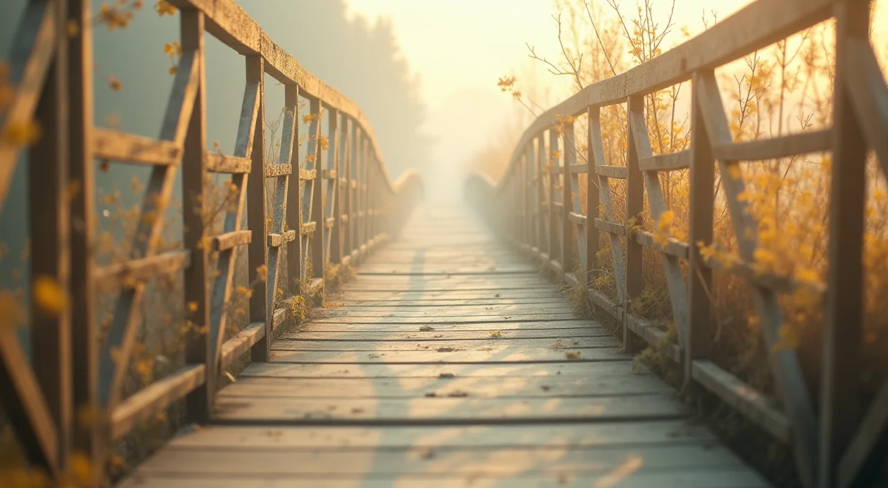 A frosted glass trestle bridge connecting two platforms, symbolizing the careful risk assessment and compatibility bridging required in enterprise Oracle migration.