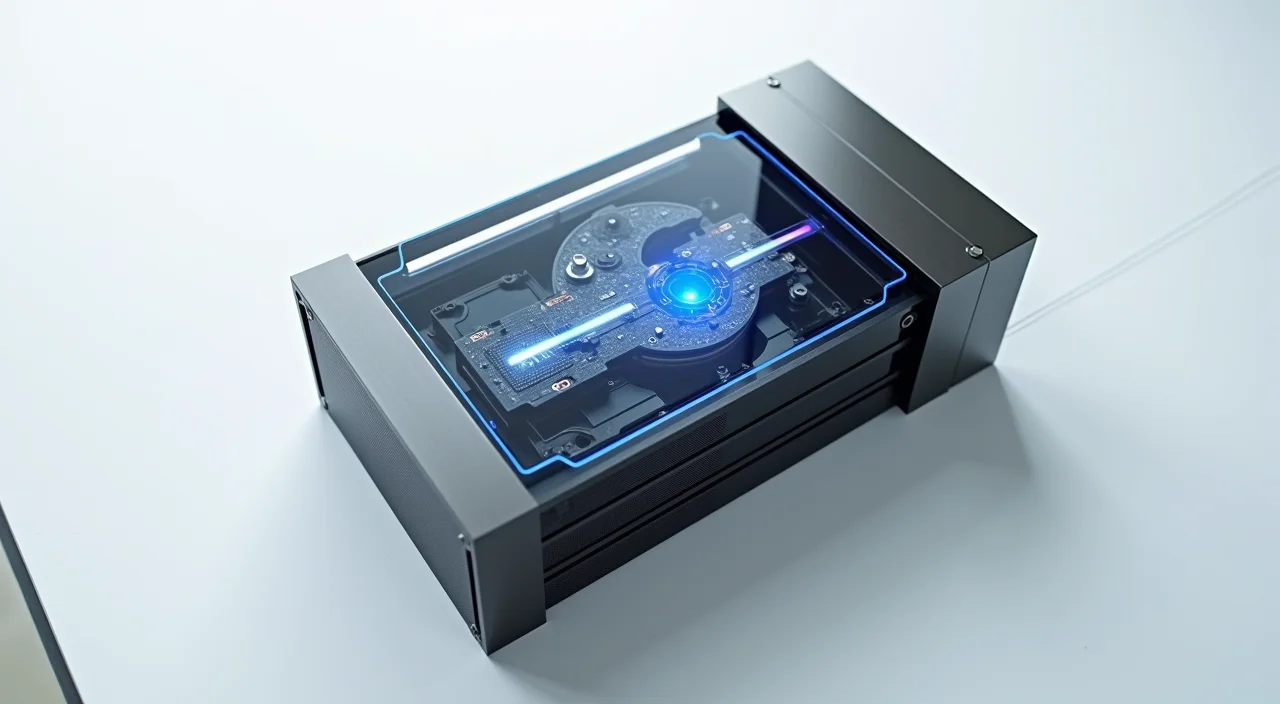 Top-down view of a modular industrial database component with a glass inspection window and a single blue laser indicator on a white drafting surface.