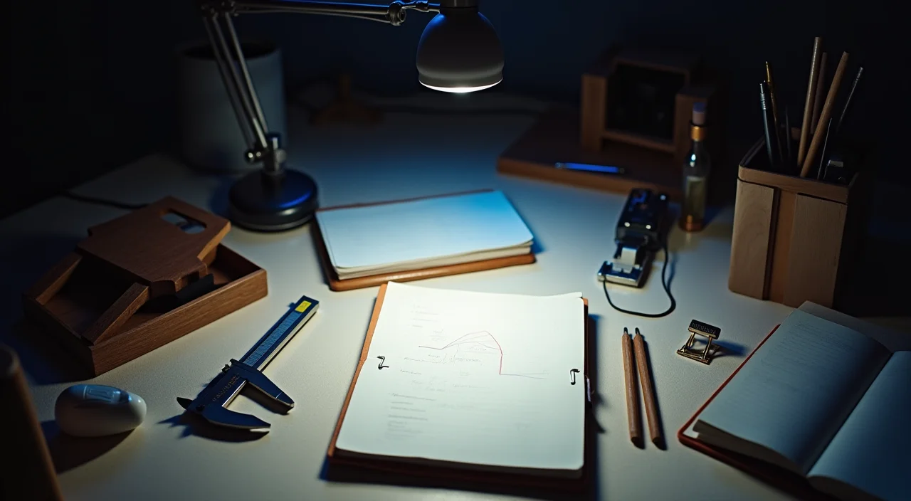 A close-up of a technical workstation featuring brass calipers, a blank notebook, and cable clips on a walnut desk under focused lighting, representing a rigorous assessment framew