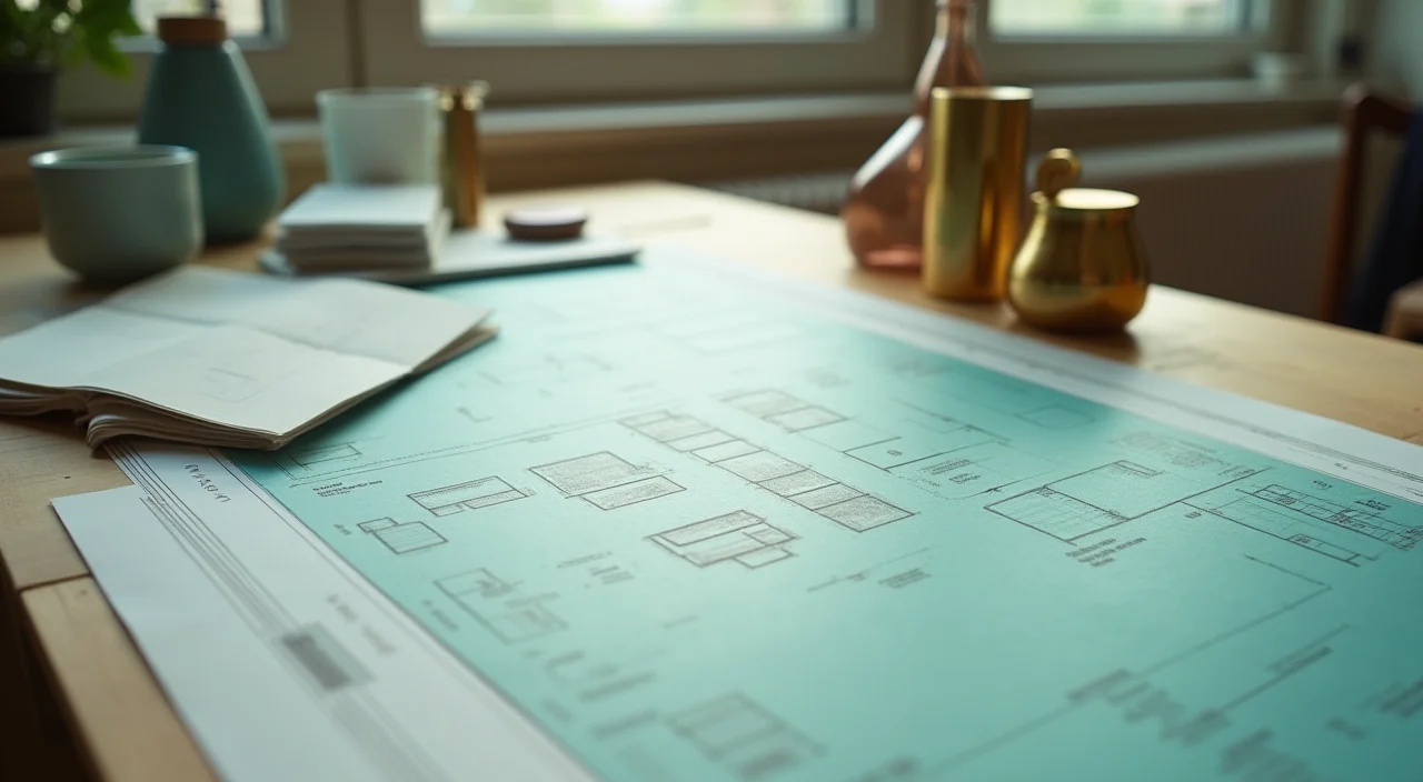 Blueprint table with blank translucent sheets and brass paperweights representing on-premises AI architecture planning