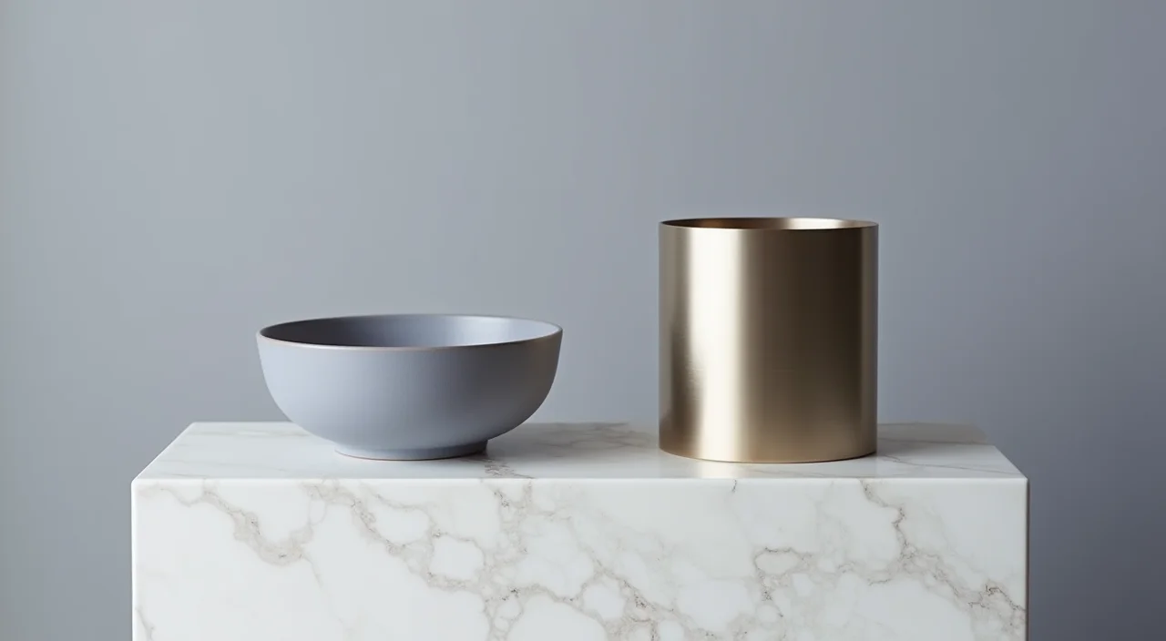 Ceramic bowl and brushed metal cylinder side by side on marble plinth representing unified versus specialized database architectures