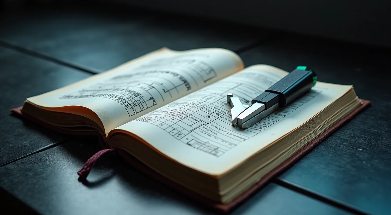 A leather-bound ledger and precision calibration tool on a dark surface, symbolizing the careful calculation of migration costs and operational stability.