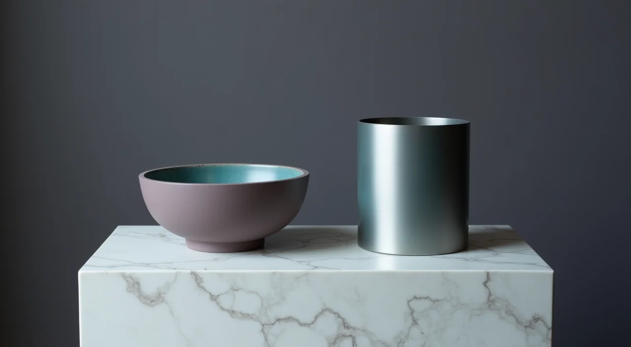 Ceramic bowl and brushed metal cylinder side by side on marble plinth representing enterprise database comparison