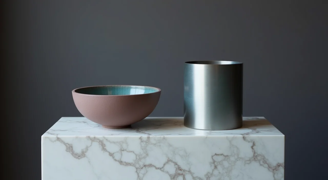 A ceramic bowl and a brushed metal cylinder displayed side by side on a marble plinth under focused lighting, representing the comparison between legacy and alternative database sy