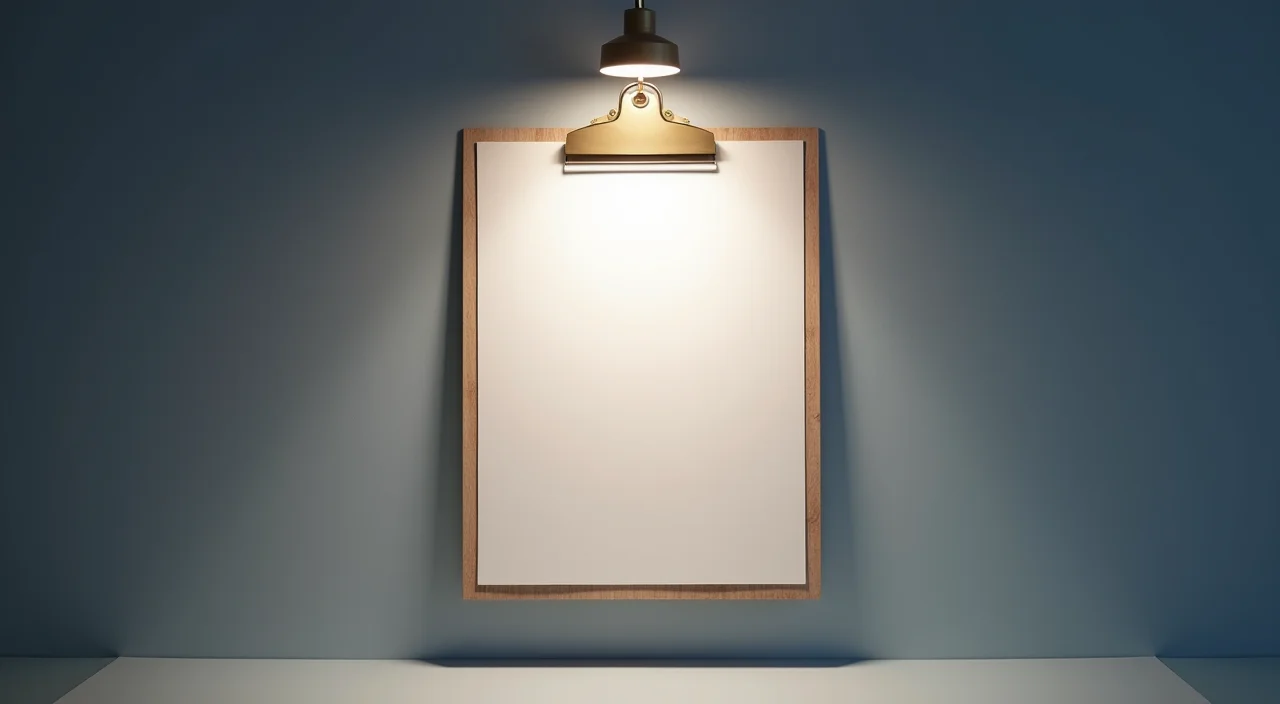 A signed blank approval clipboard resting on a linen surface under focused museum lighting, symbolizing verified enterprise value and governance.