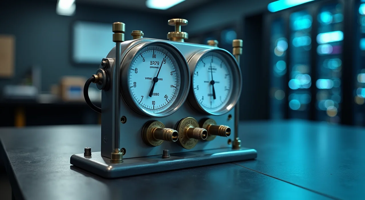 An industrial calibration tool with two misaligned measurement gauges on a workbench, symbolizing the gap between legacy and new database compatibility.