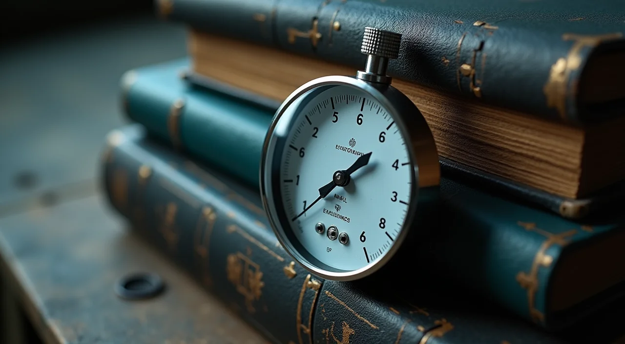 A precision calibration gauge resting on leather-bound engineering ledgers, symbolizing the technical validation of semantic equivalence in database migration.