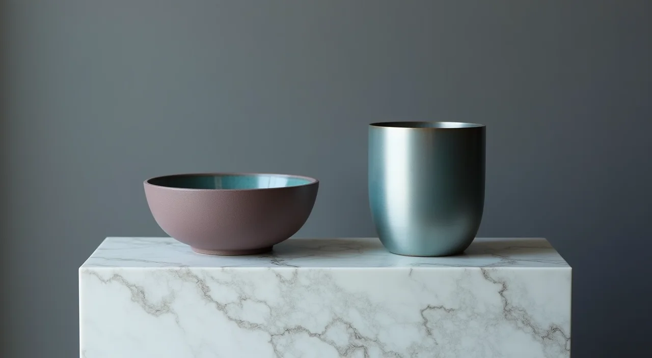 Ceramic bowl and brushed metal cylinder placed side by side on a marble surface, representing a comparison of migration options.