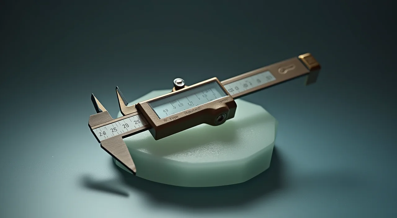 Close-up of a precision caliper on a matte block, symbolizing objective technical evaluation criteria for database selection.