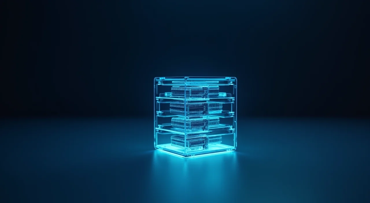 A minimalist glass architectural model of a database server illuminated by deep blue and cyan lighting on a dark background.