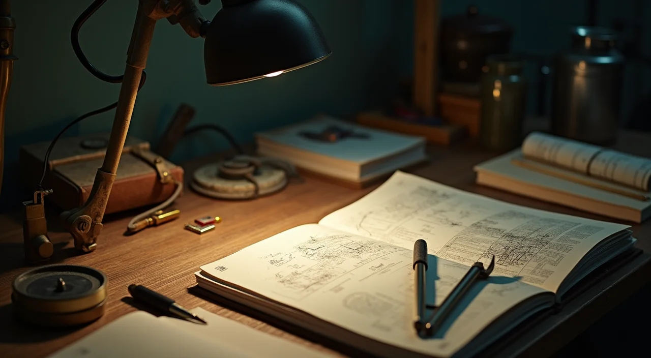 A precise architectural workspace featuring brass calipers and blank notebooks on a walnut surface under focused lighting, symbolizing the structured design of AI-ready enterprise