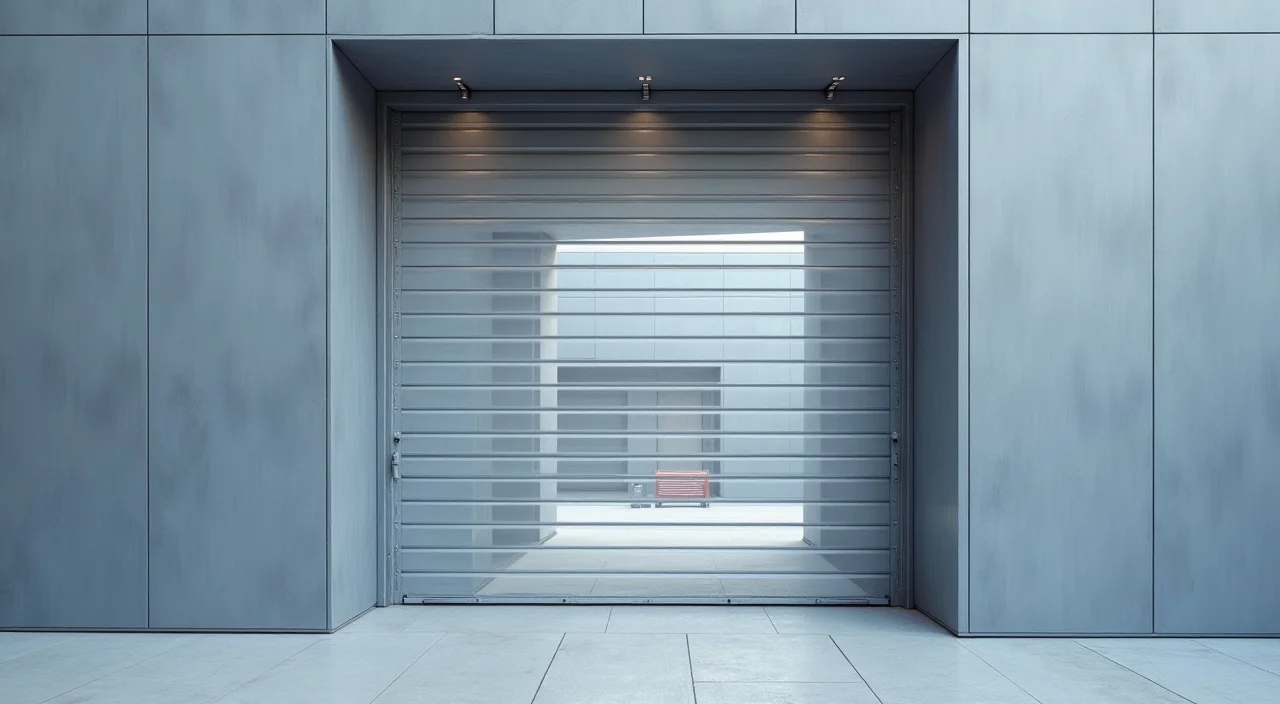 Half-open industrial shutter gate representing controlled migration risk and rollback capability