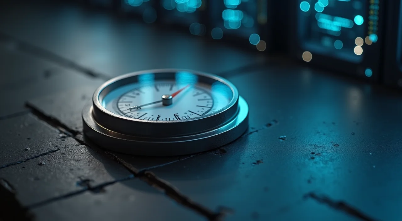 A precision industrial calibration gauge on a dark slate surface symbolizing the rigorous measurement of database migration feasibility and compatibility gaps.