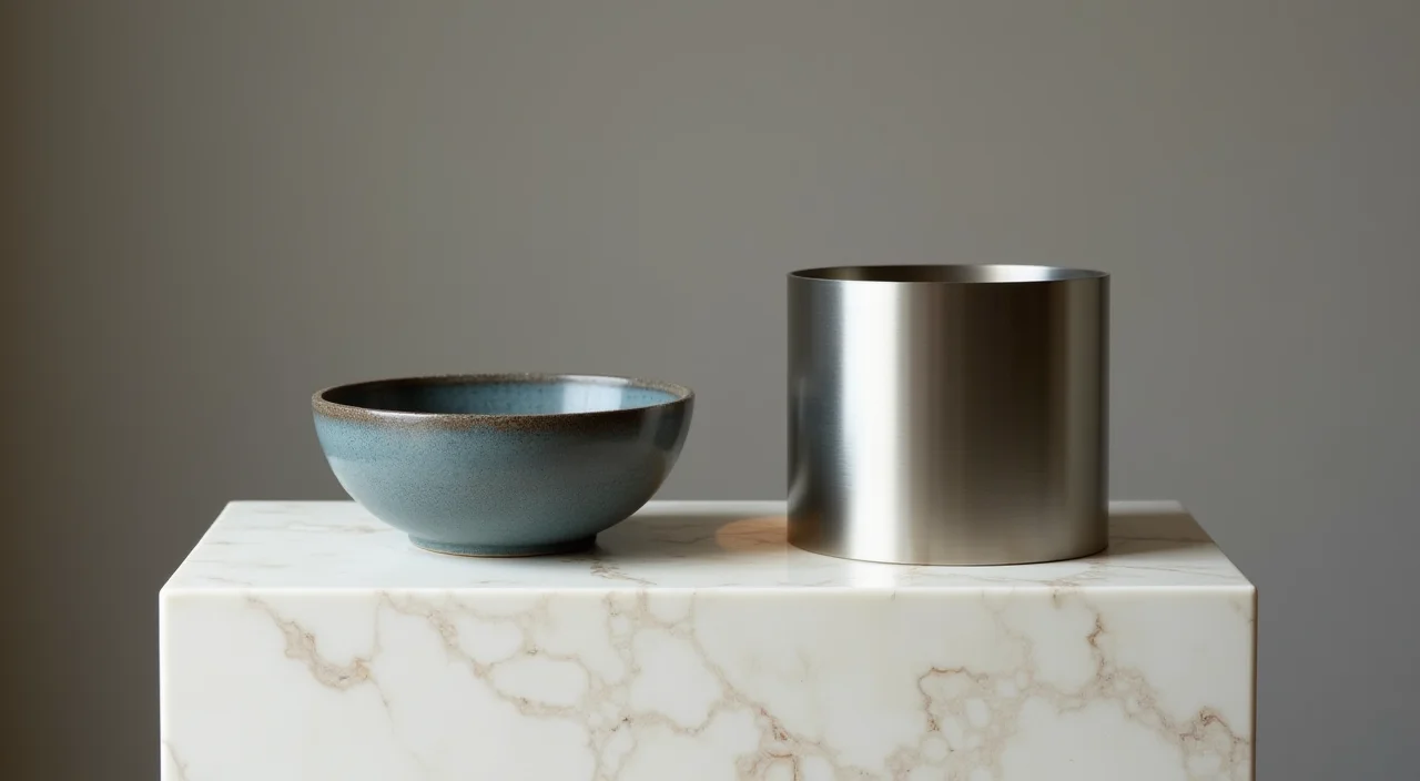 Ceramic bowl and brushed metal cylinder displayed side by side on a marble plinth