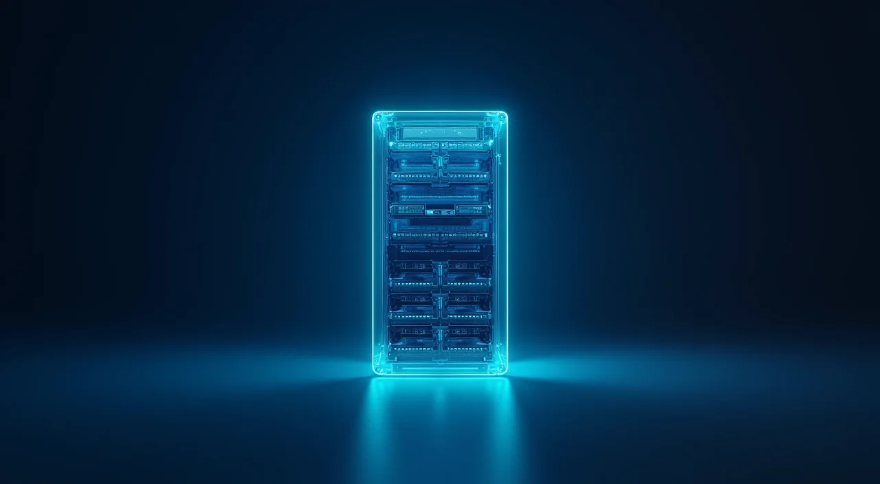 A minimalist 16:9 illustration of a glowing cyan server unit against a dark blue background, representing unified enterprise database architecture for generative AI.