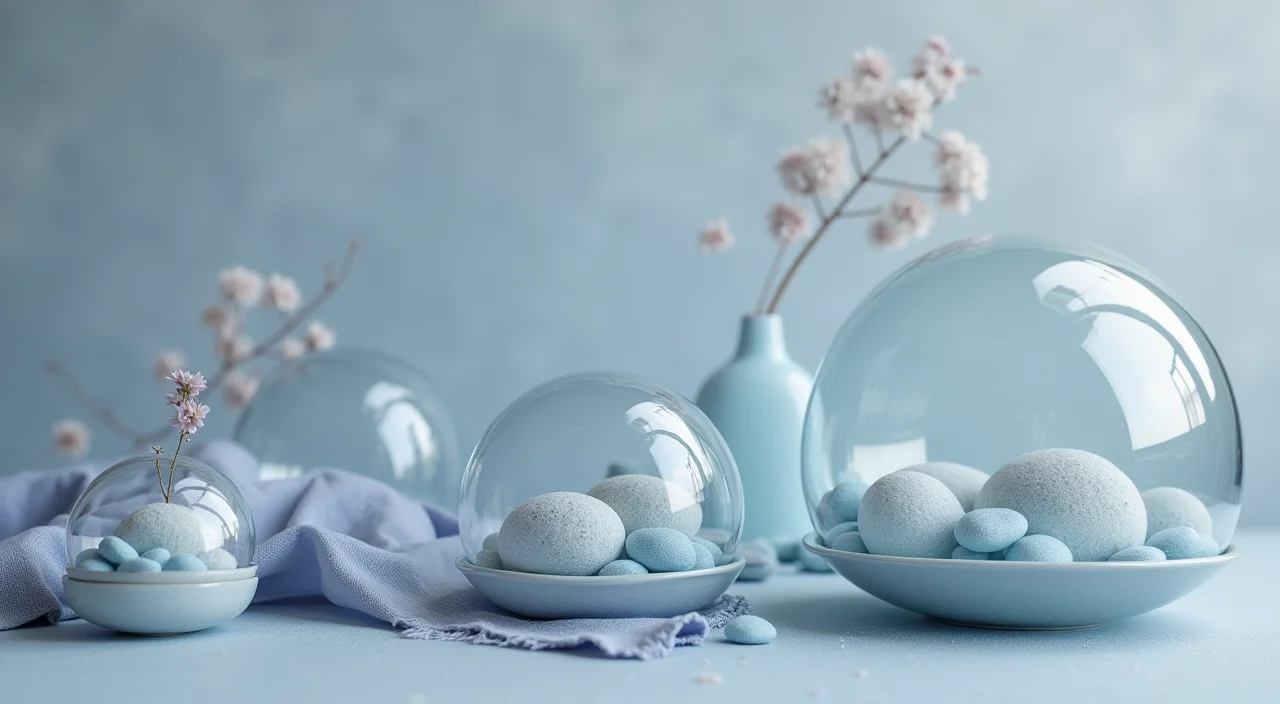 Nested transparent glass shells surrounding a solid ceramic core on a linen surface