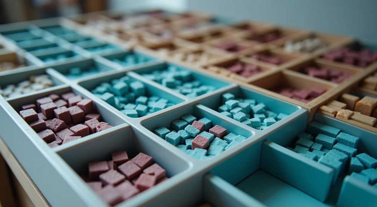Close-up of sorted database candidate samples in a compartmentalized tray, representing structured technical evaluation