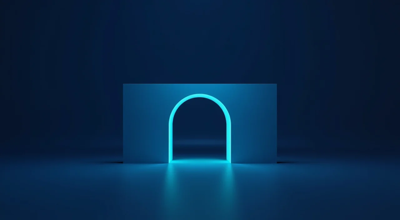 Abstract architectural bridge in deep blue and cyan connecting two pillars, symbolizing secure enterprise database migration.