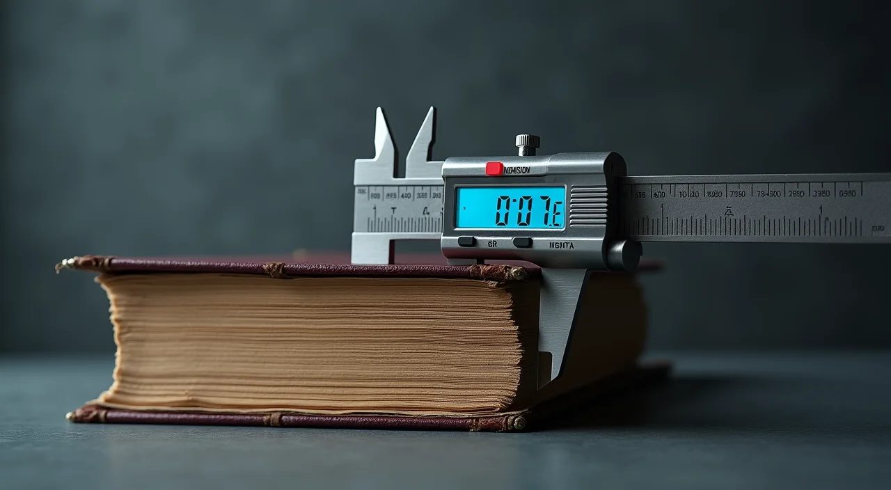 A precision steel caliper measuring a stack of vintage ledgers, symbolizing the diagnostic audit of legacy database dependencies.